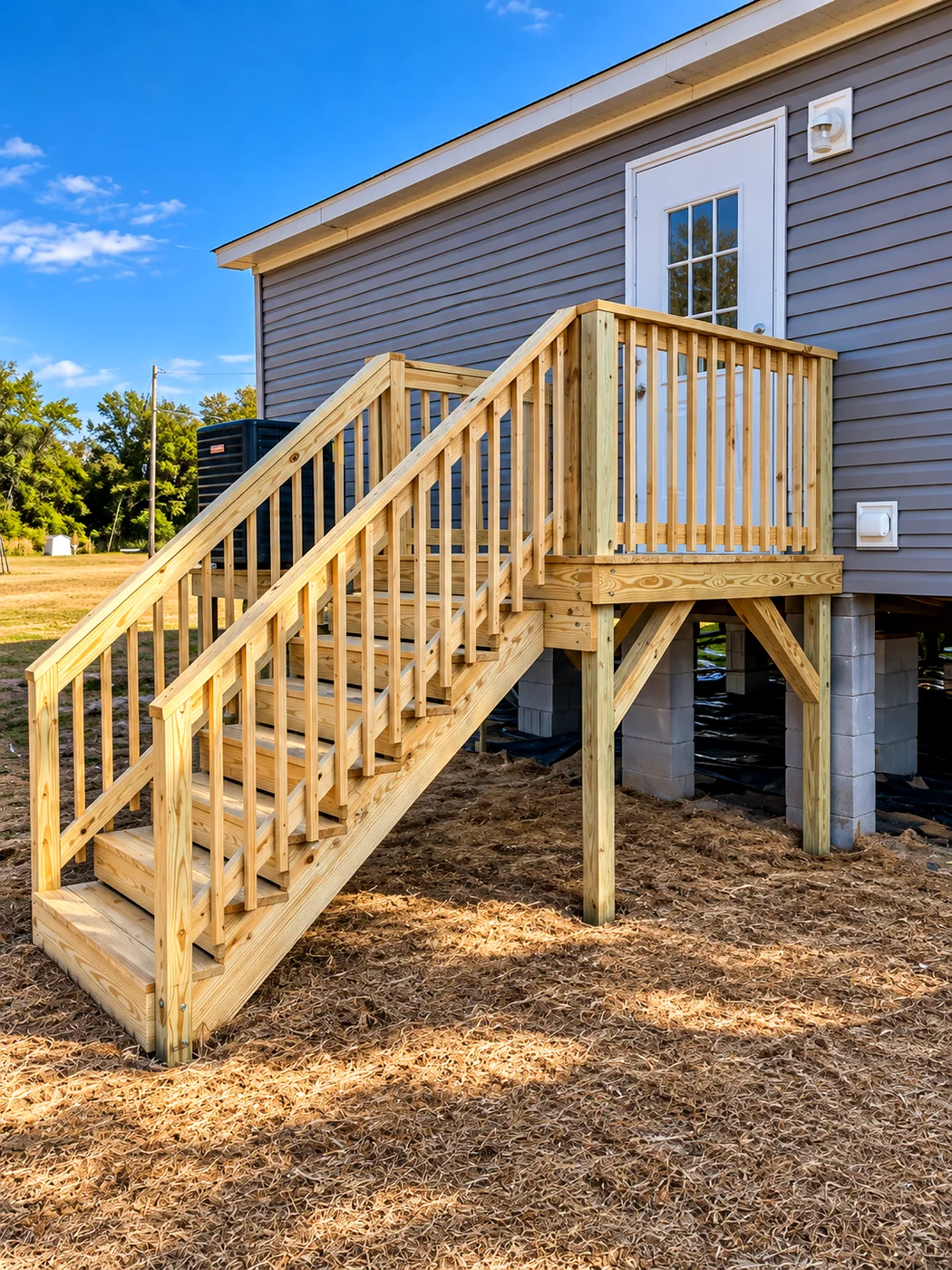 Wood porch stairs and railings